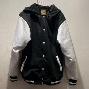 Black and white Brooklyn, laundry, varsity fleece jacket